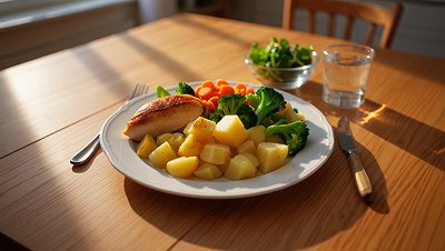 На столе стоит тарелка еды